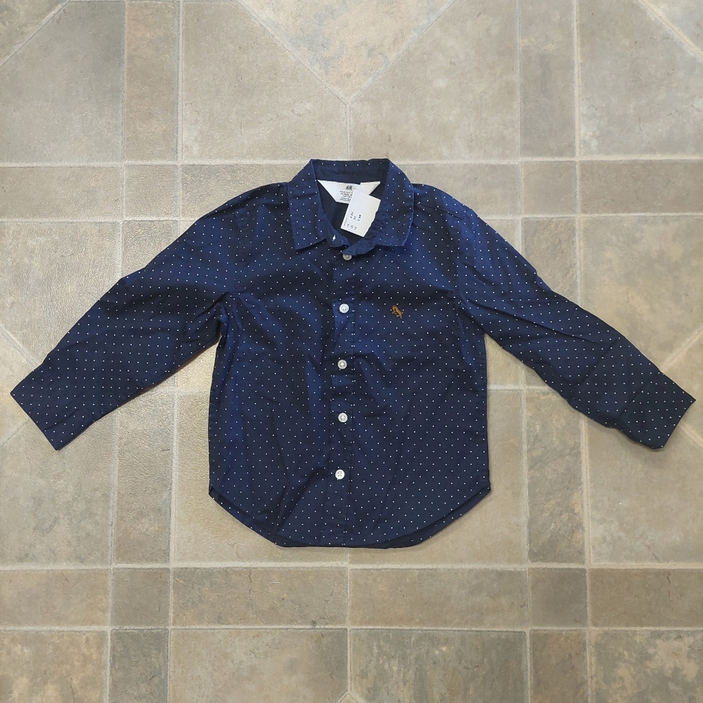 H&M Toddler Blue Button-up Long Sleeve Polkadot Cotton Shirt Size 3T NEW